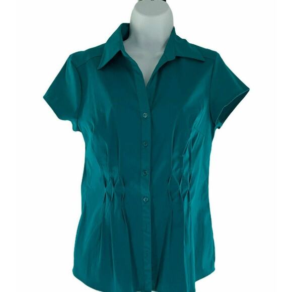 Como Shirt Womens M Short Sleeve Collared Pleated Button Up Minimalist Preppy - Picture 1 of 5